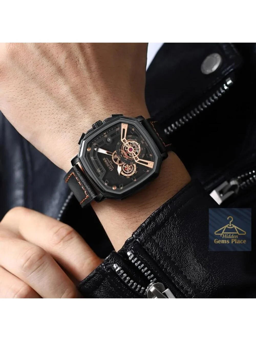 Men's Skeleton Quartz Watch, Luminous Big Face, Leather Strap, 30M Water